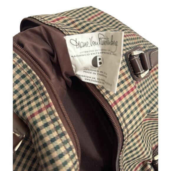 Diane von Furstenberg Large Plaid Weekender Tote Bag 20" Brown Green Red - Picture 11 of 13